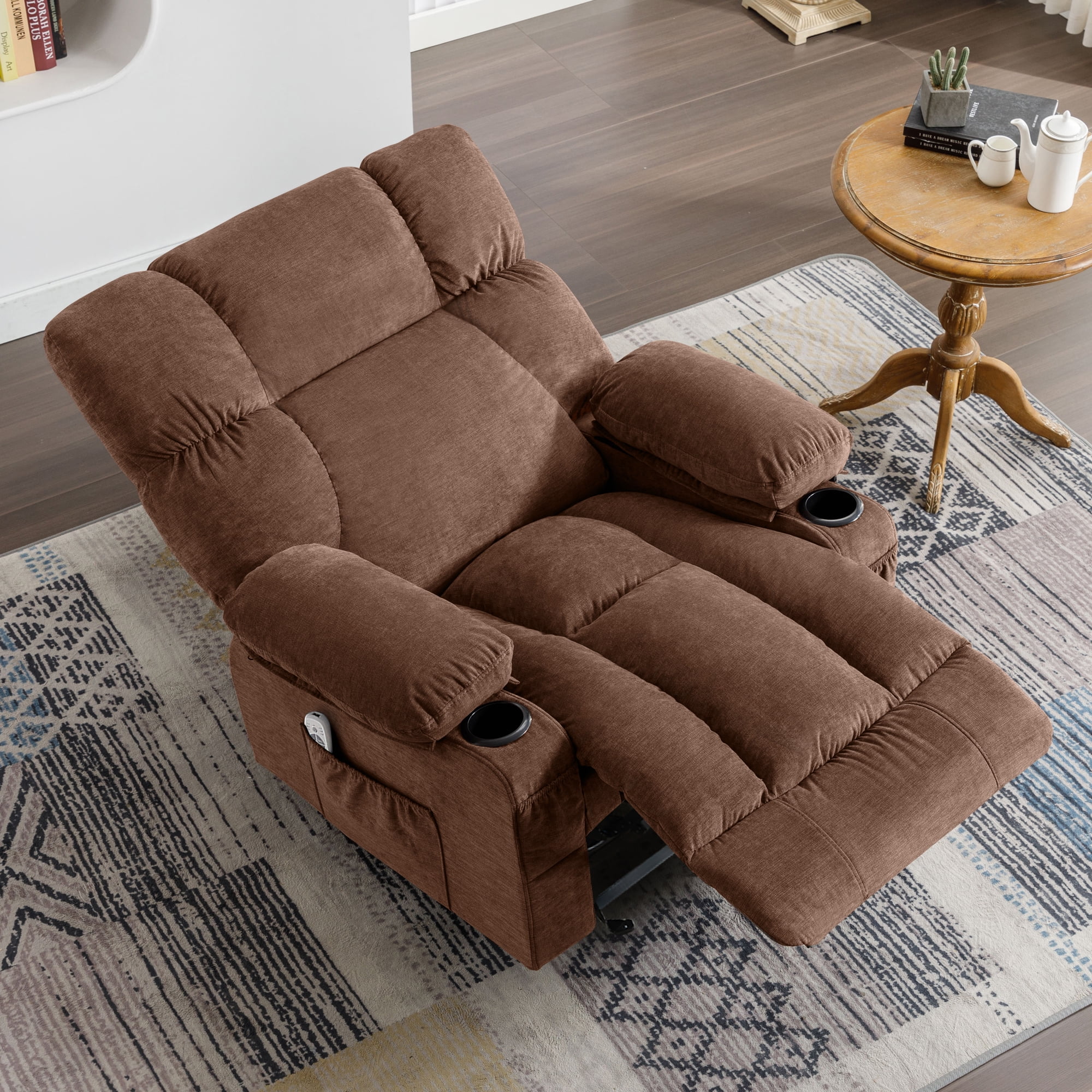 JONPONY Manual Recliner Chair with Heat Therapy and Massage Function, Heavy Duty Reclining Mechanism Massage Chair, Elderly Single Rocker Sofa with Cup Holders for Bedroom Home Theater, Grey