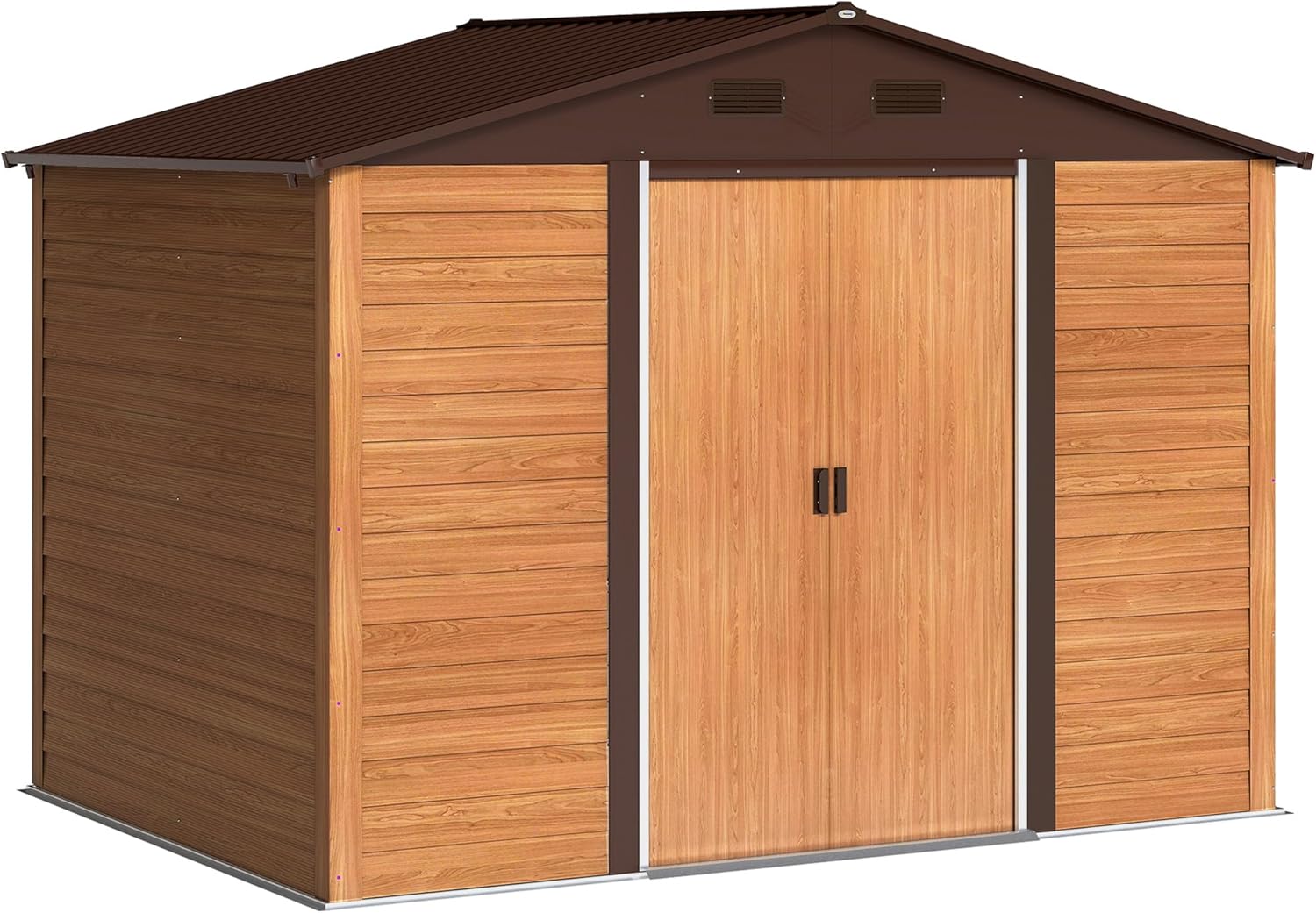 Outsunny Casetta da Giardino 4.84m² in Acciaio Zincato con Fori di Drenaggio Prese d'Aria, Capanno Porta Attrezzi con Tetto Inclinato, Doppie Porte Scorrevoli Bloccabili, Design Effetto Legno, Marrone