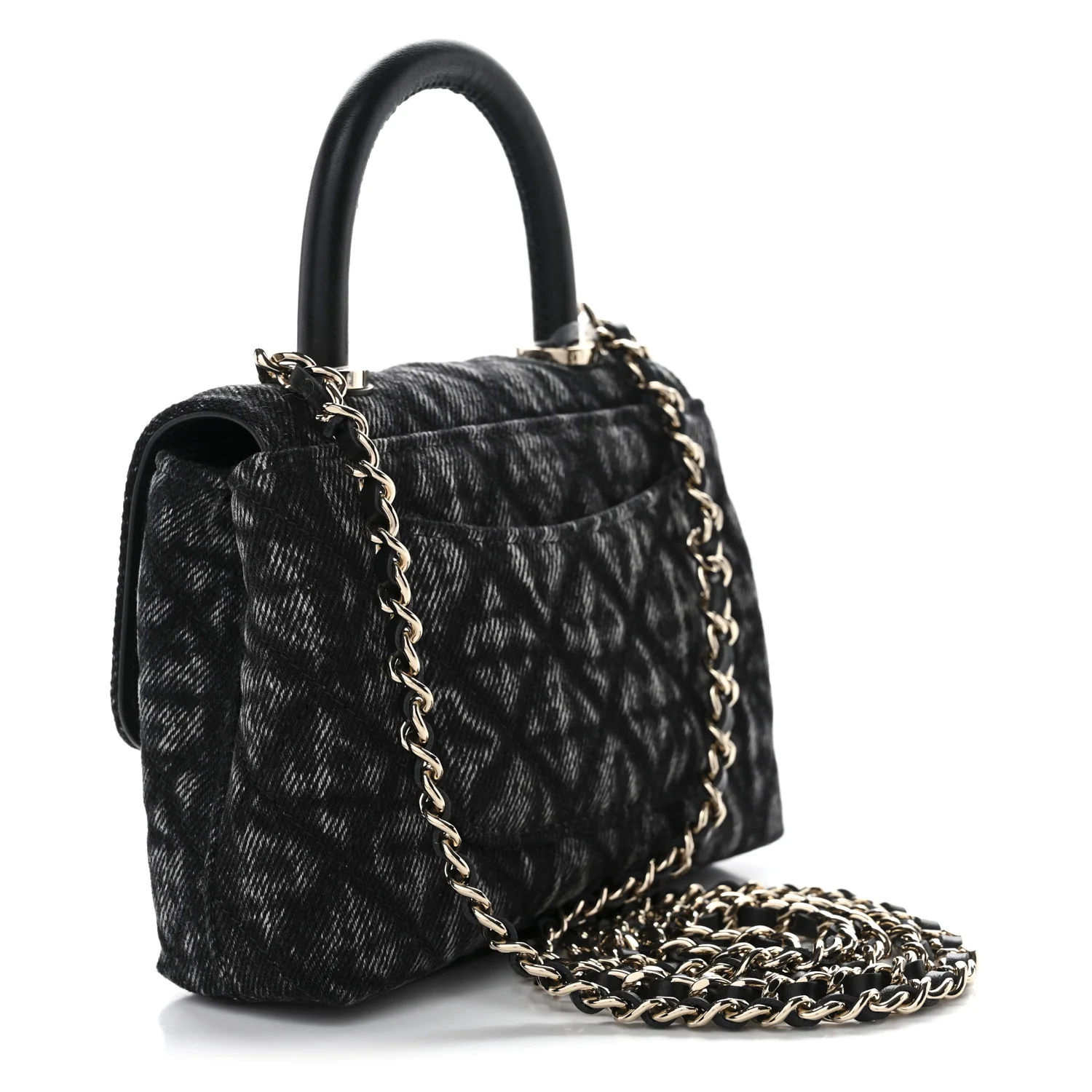 Washed Denim Quilted Coco Handle Clutch With Chain Black - Top Club