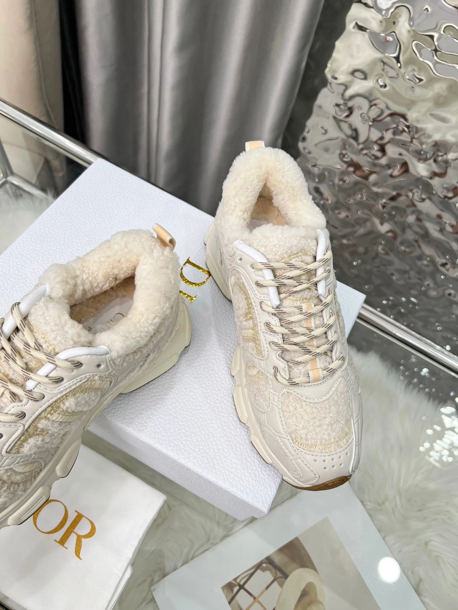 Women's Dior Cream - Colored Sneakers With Plush Fleece Details - Sneaker Replica Workshop