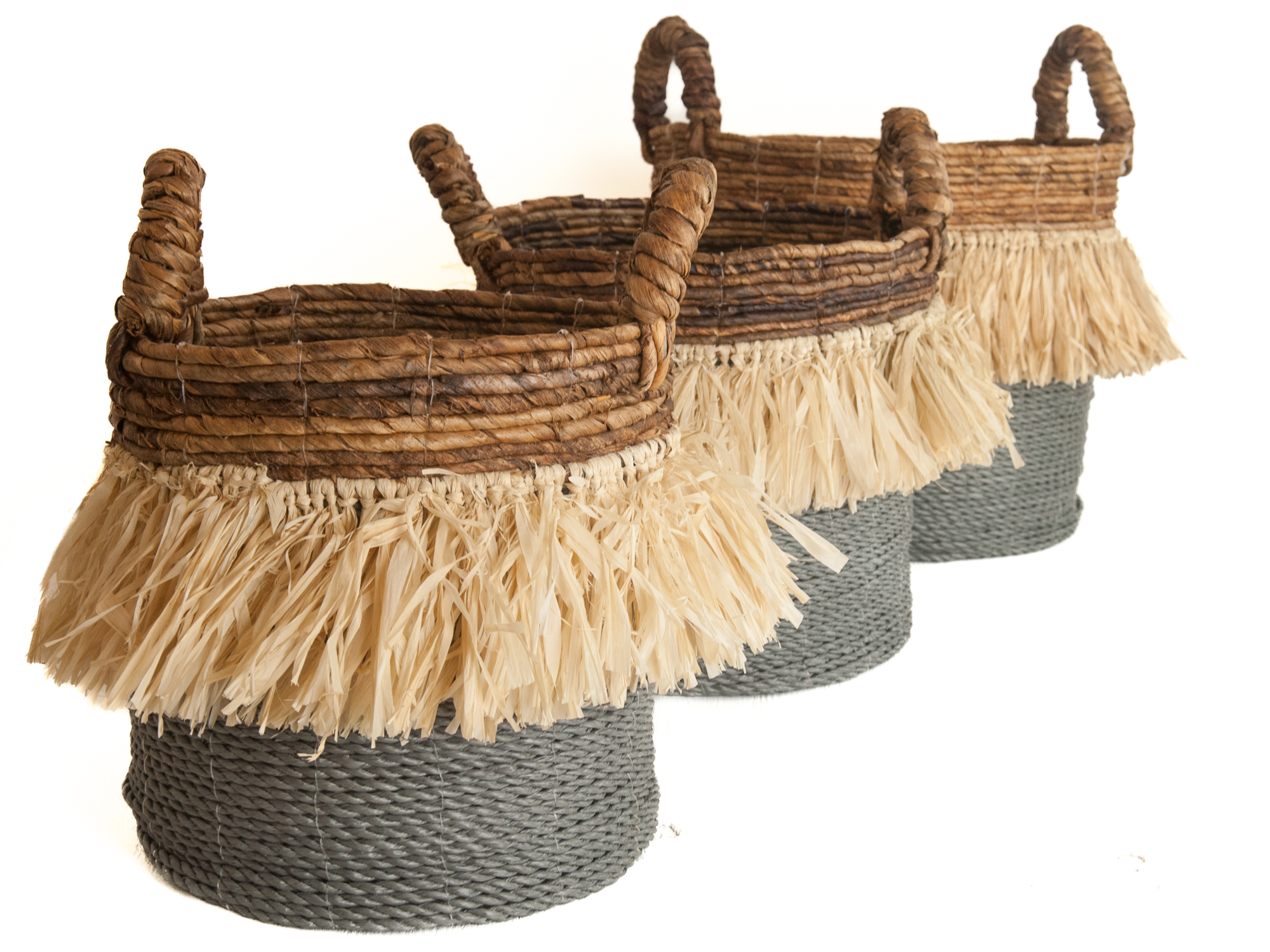 Seagrass waterhyacint mand met raffia naturel/grijs L