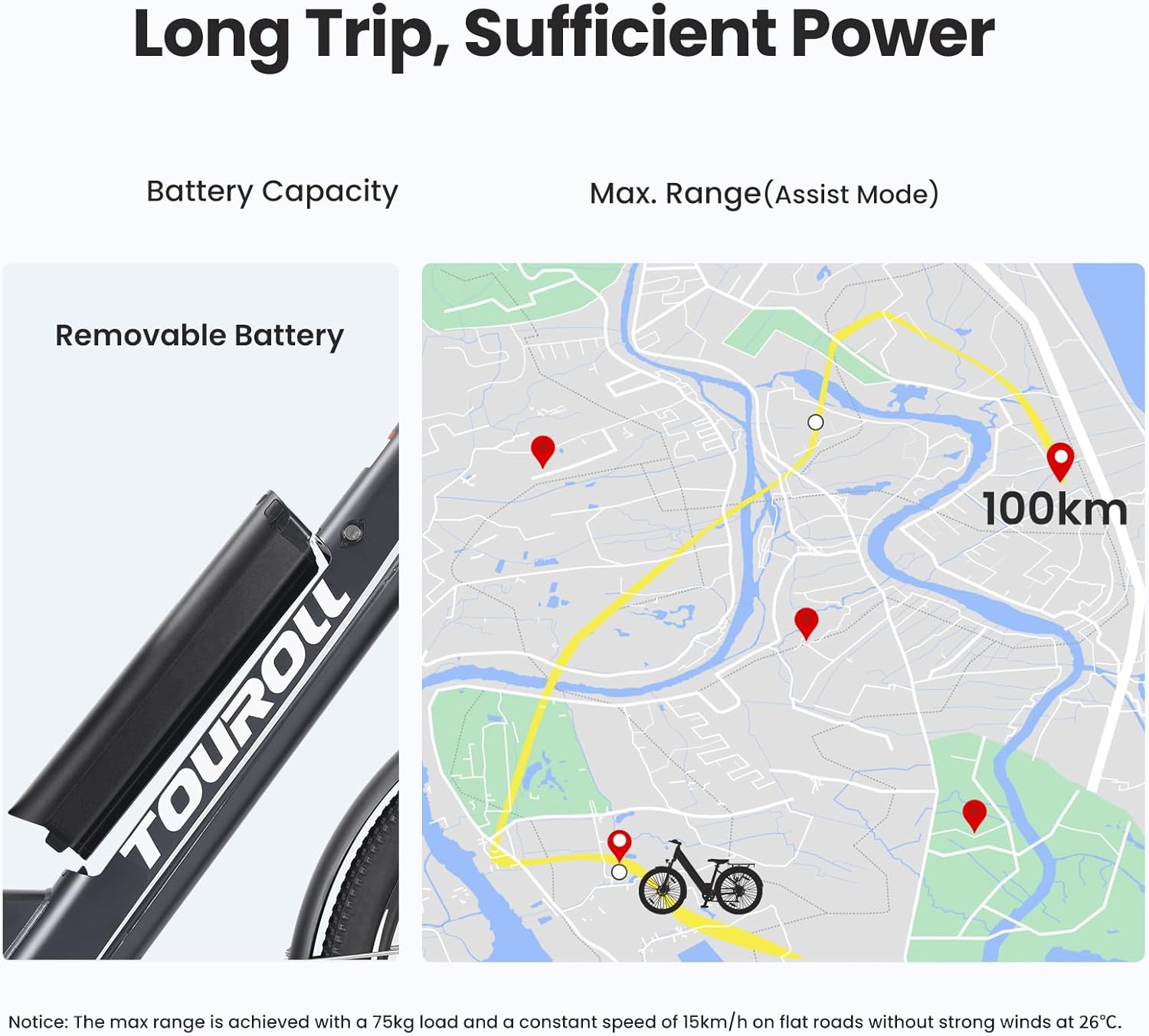 Touroll Bicicletta Elettrica, J1/J1 ST, Batteria Rimovibile 15.6Ah, Autonomia di 100-50 km, bicicletta elettrica uom, Motore 45 NM