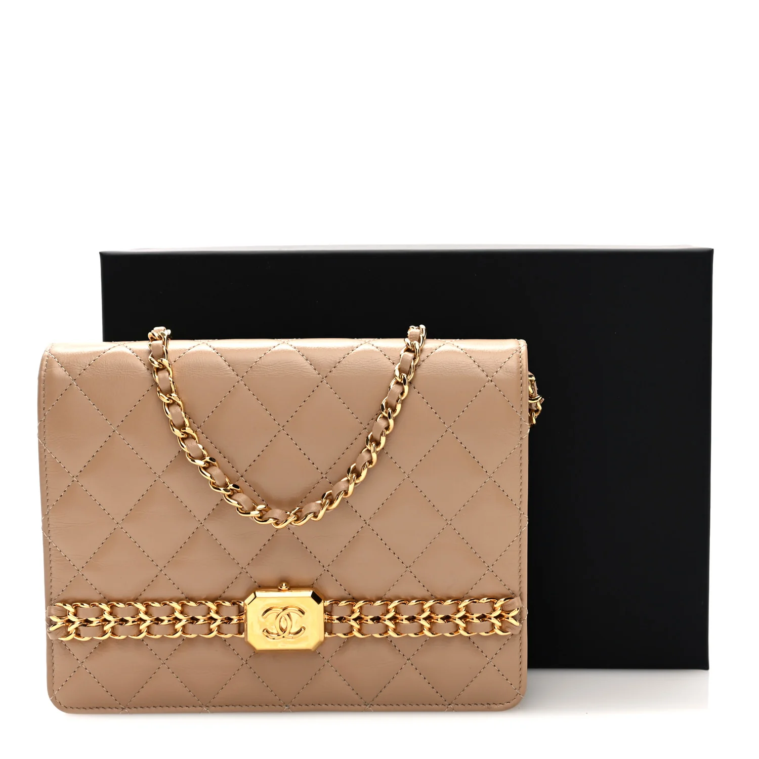 Shiny Aged Calfskin Quilted Clutch With Chain Dark Beige - Top Club