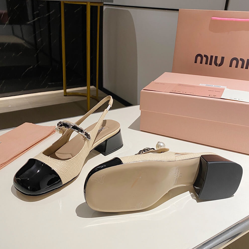 MIUMIU Patent leather and raffia slingback pumps - Top Club