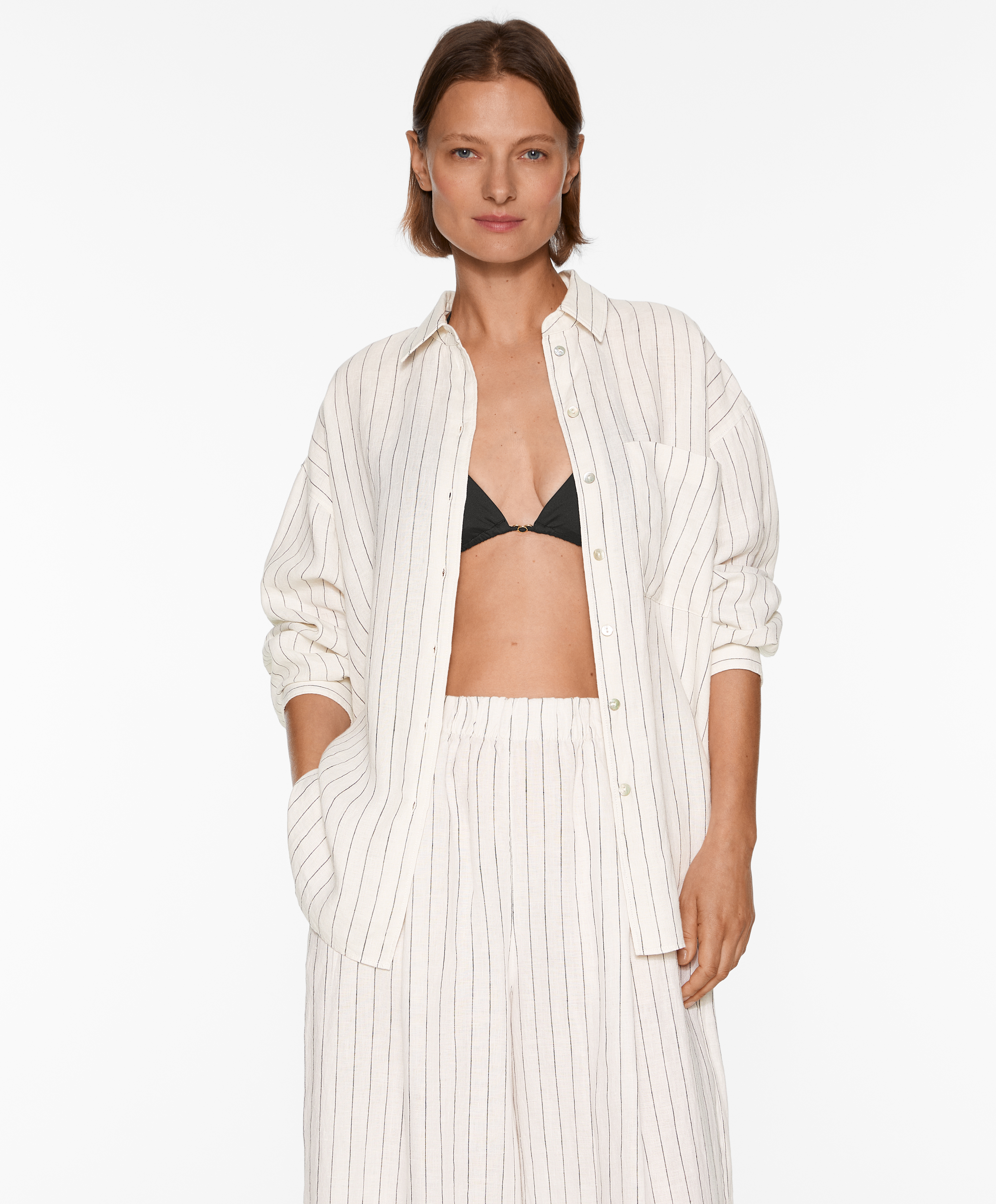 OYSHO Striped 100% linen long-sleeved shirt