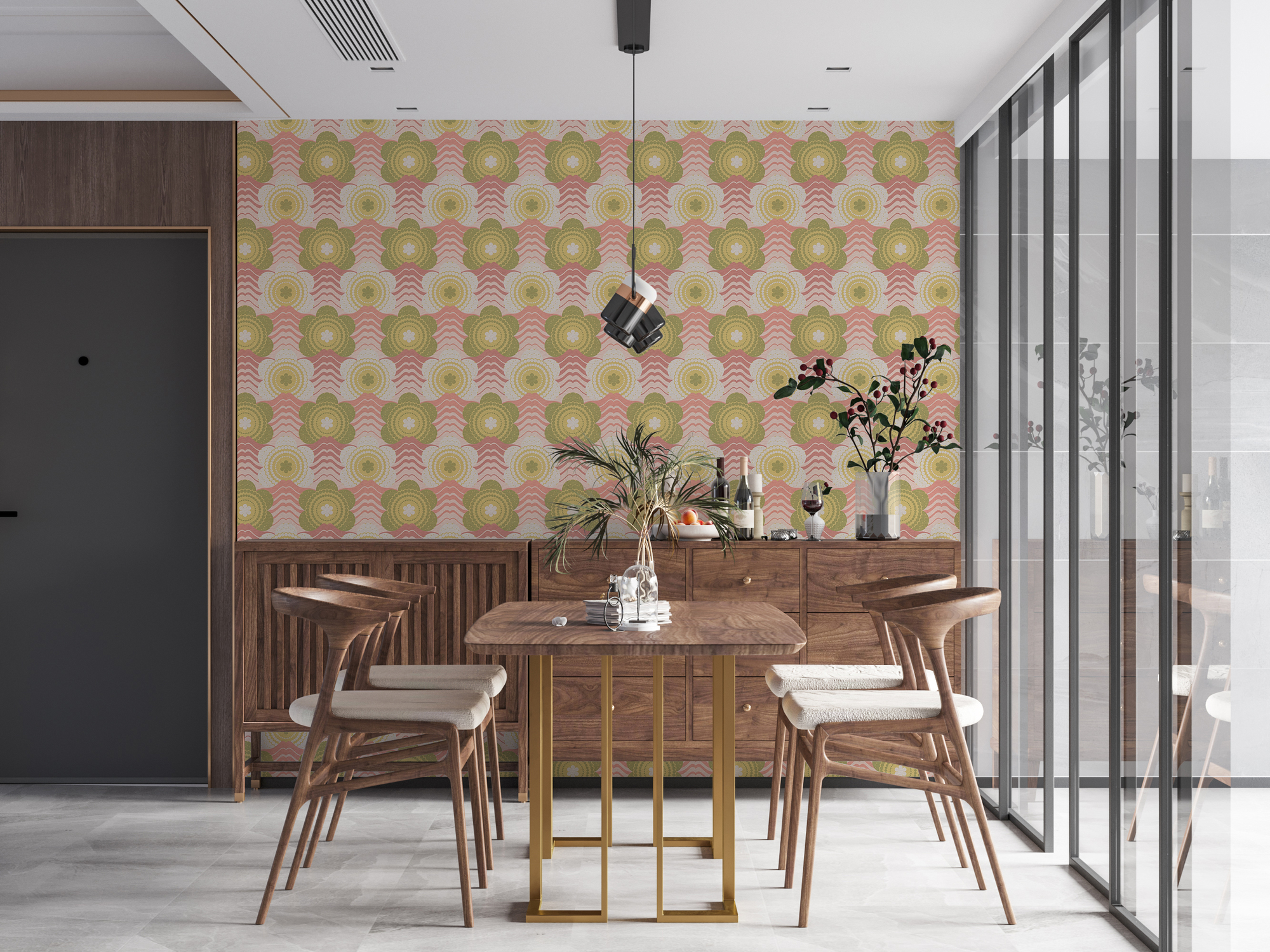Retro bloemmotief op licht gestructureerd behang – roze, groen, crème Golven en bloemmotieven in retrostijl op licht gestructureerd behang – roze, groen, crème #1