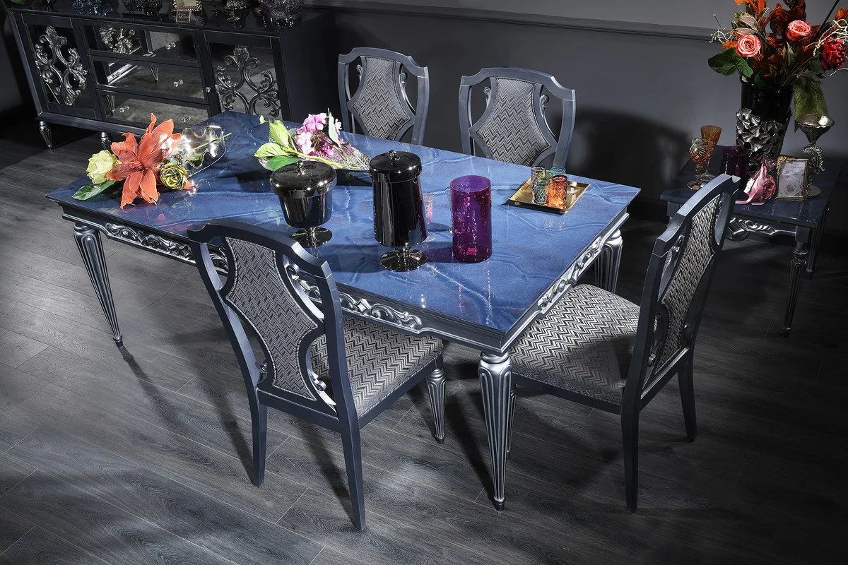 Luxury Baroque Dining Room Set Blue / Gray / Silver - Dining Table and 4 Dining Chairs - Baroque Dining Room Furniture