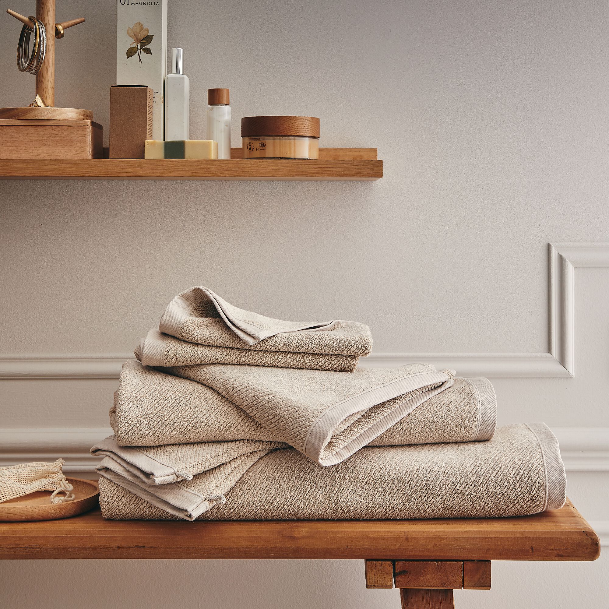 COLINE - Lot de 2 gants de toilette en bouclettes de coton bio - beige alpilles 16x21cm