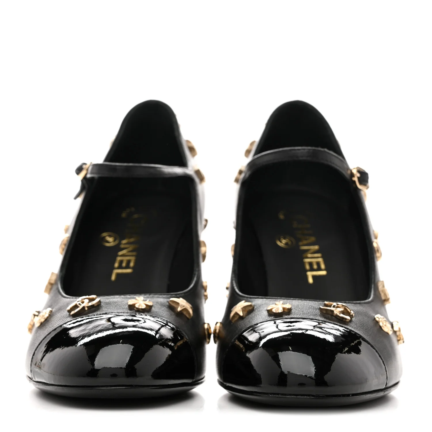 Lambskin Patent Cap Toe Charms Mary Jane Pumps 36.5 Black - Top Club