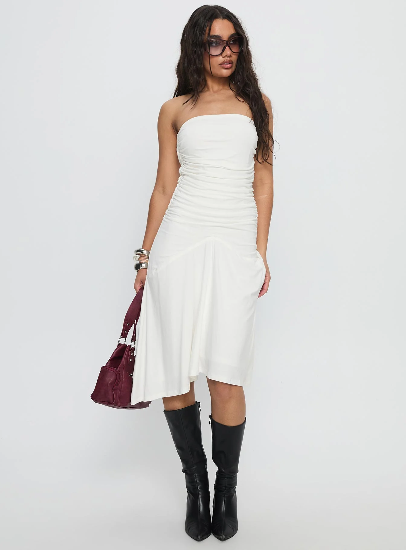 Rienna Strapless Asymmetrical Midi Dress White