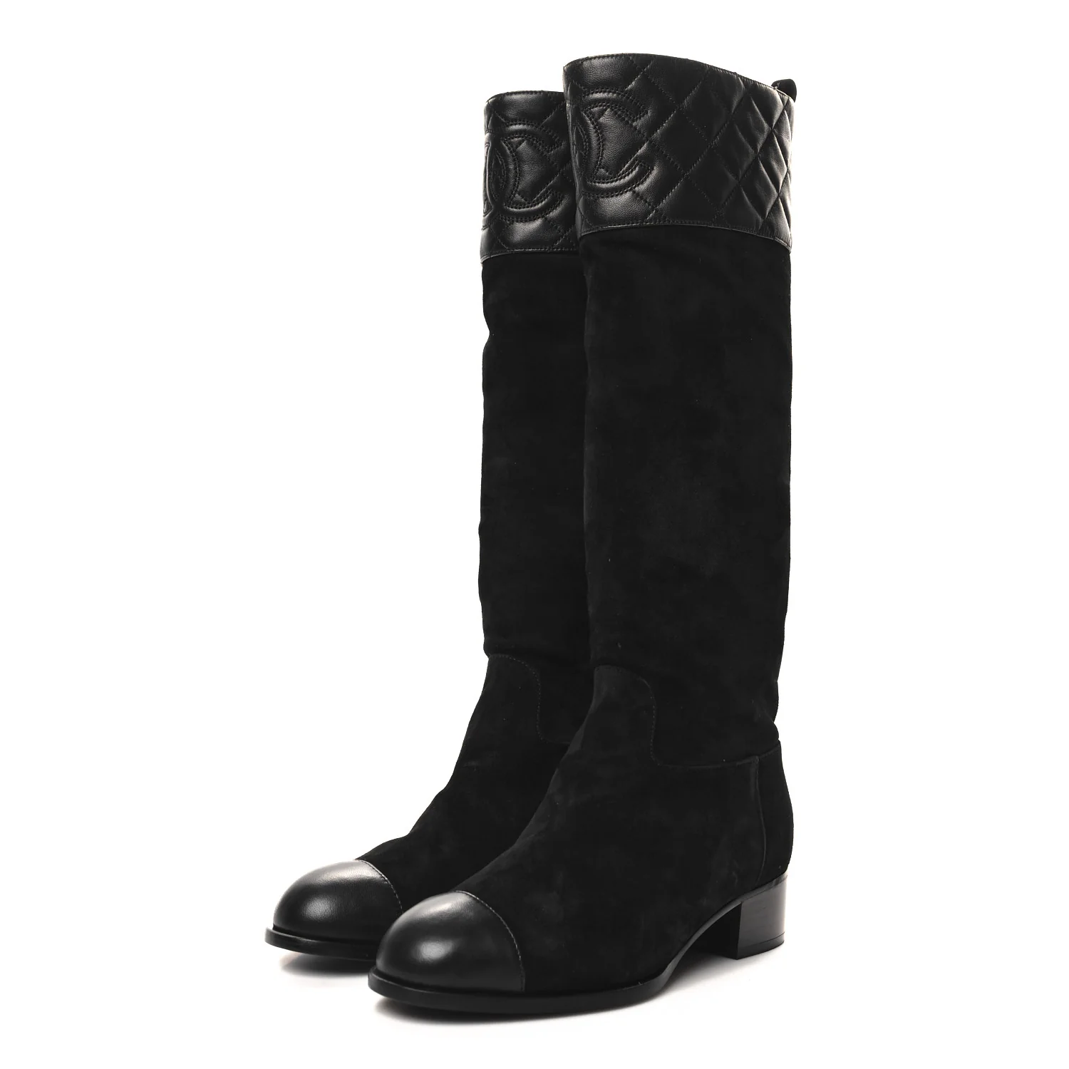 Suede Calfskin Lambskin Quilted Knee High Boots 37 Black - Top Club