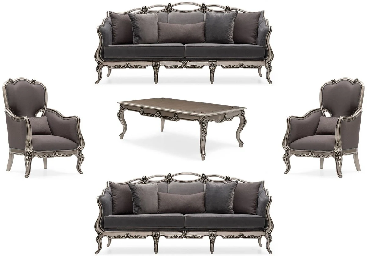 Luxury Baroque Living Room Set Gray / Silver - 2 Baroque Sofas & 2 Baroque Armchairs & 1 Baroque Coffee Table - Handcrafted Living Room Furniture in Baroque Style - Noble & Magnificent