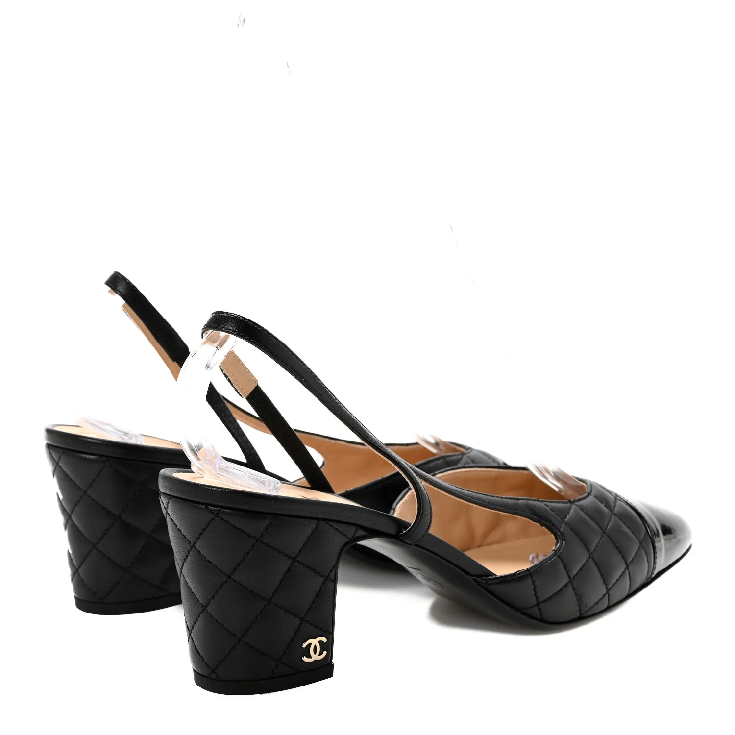 Lambskin Patent Calfskin Quilted Cap Toe CC Slingback Pumps 41 Black - Top Club