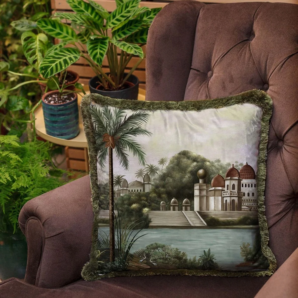 Luxury decorative cushion palace multicolored / green 45 x 45 cm - printed velvet cushion with fringes - luxury decorative accessories