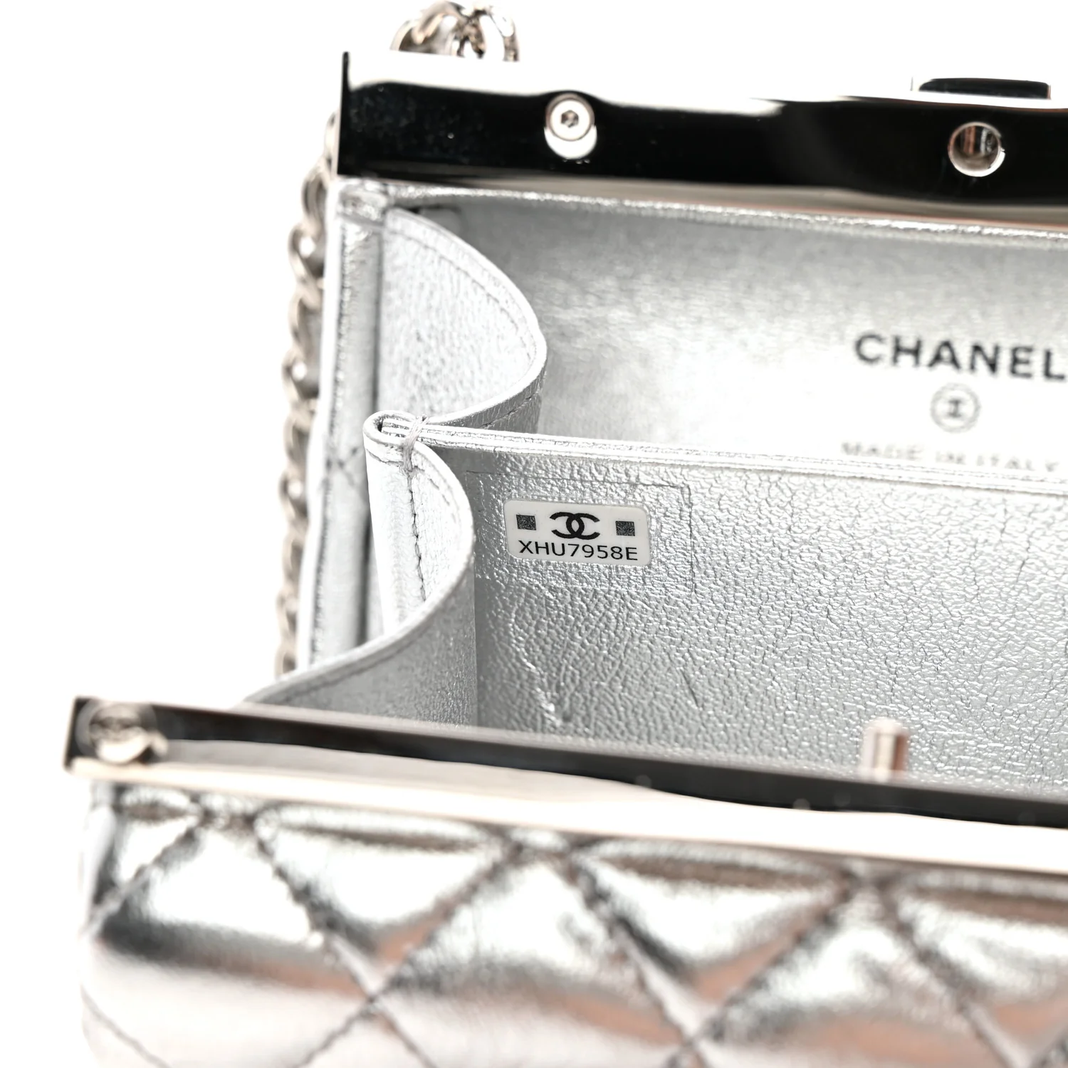 Metallic Calfskin Quilted Box Crossbody Silver - Top Club