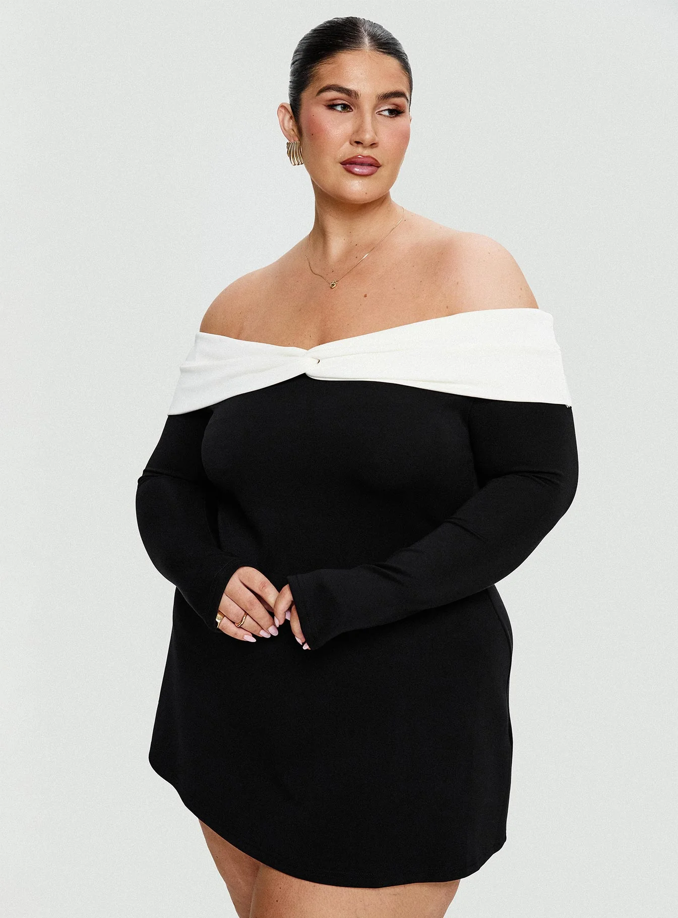 Distractions Off Shoulder Long Sleeve Mini Dress Multi Curve