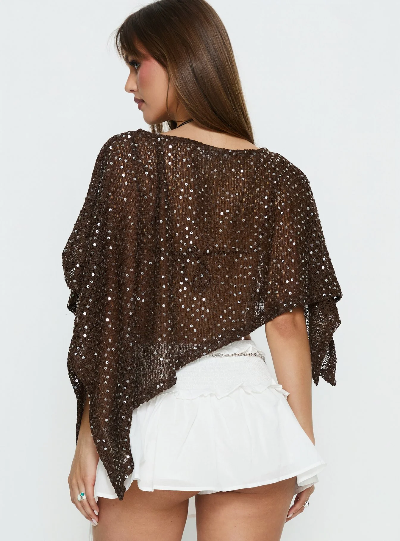 Grotto Asymmetrical Boat Neck Poncho Brown Sparkle