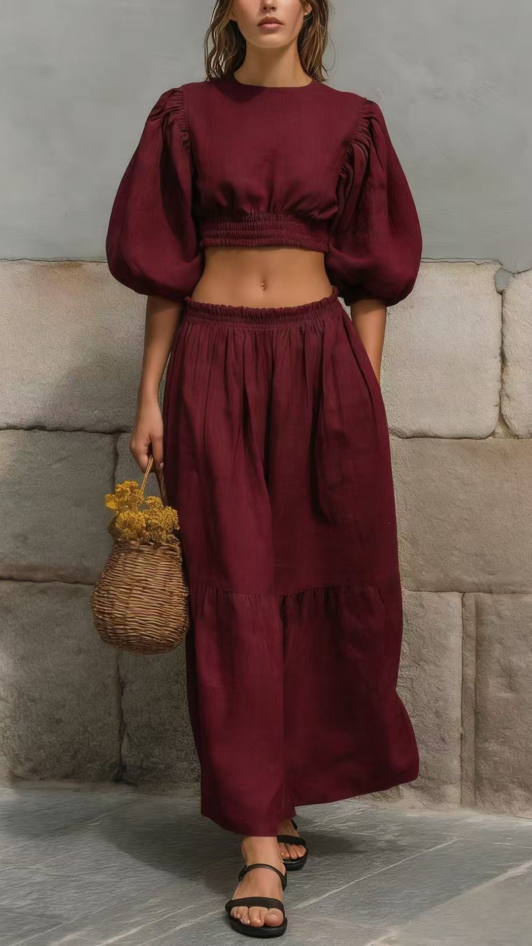 Women's Cotton-Blend Puff-Sleeve Crop Top & Skirt Set - Nordfashionstorm - Women's Clothing, Fashion for You - Nordfashionstorm.com