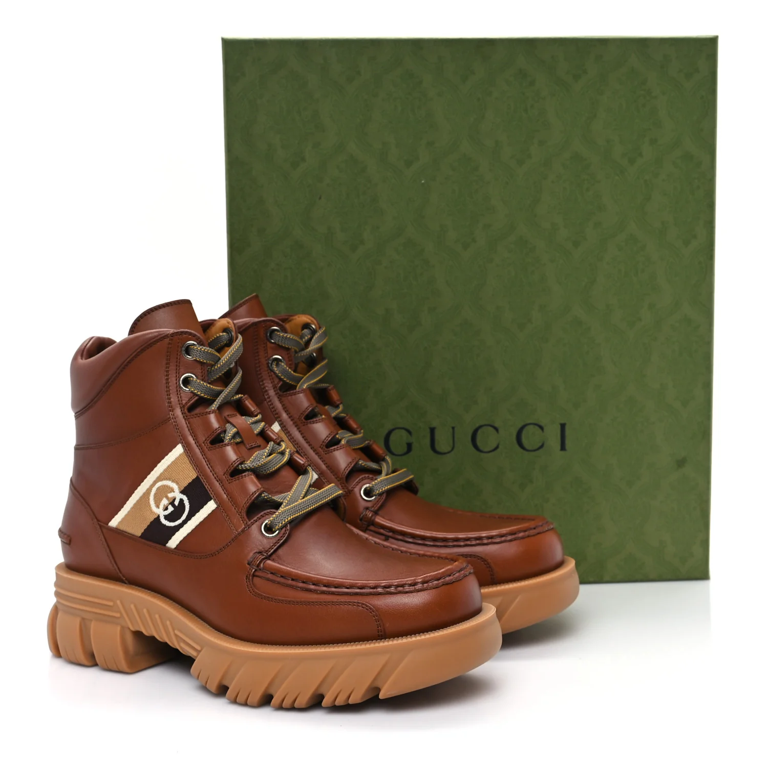 Quebec Calfskin Web Mens Interlocking G Lace Up Combat Up Combat Boots 8 Cuir Mystic White Ebony Beige - Top Club