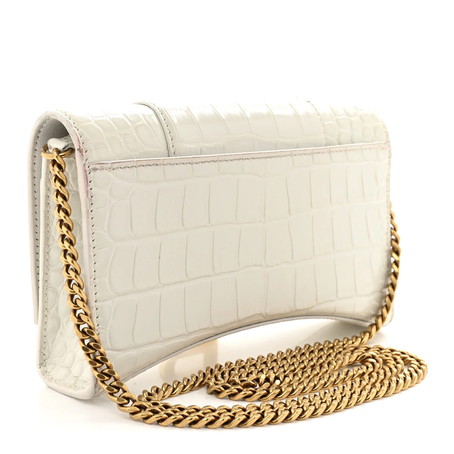 Shiny Calfskin Crocodile Embossed Hourglass Chain Bag White - Top Club