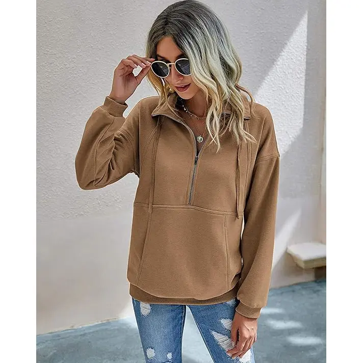 PrettyGarden Women's Casual Long Sleeve Lapel Zipper Sweatshirt Drawstring Loose Pullover Tops Fall Sweater-Womenswear Cotton Fabric