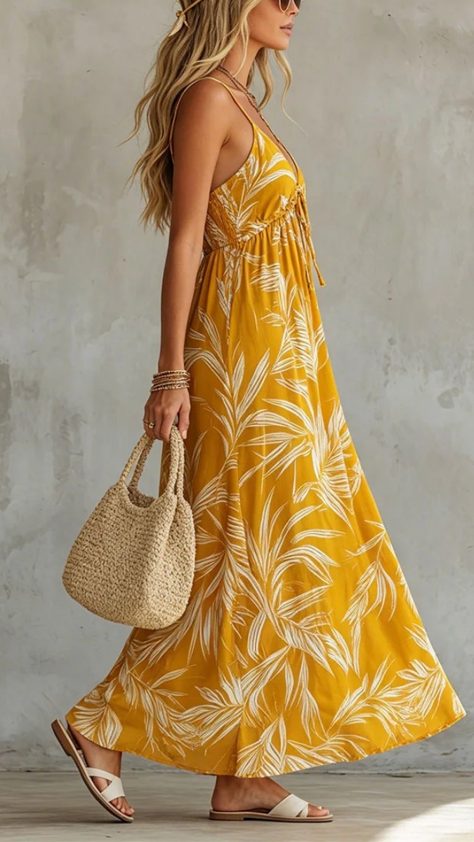 Women's Printed Yellow Sleeveless V-Neck Maxi Dress - Nordfashionstorm - Women's Clothing, Fashion for You - Nordfashionstorm.com