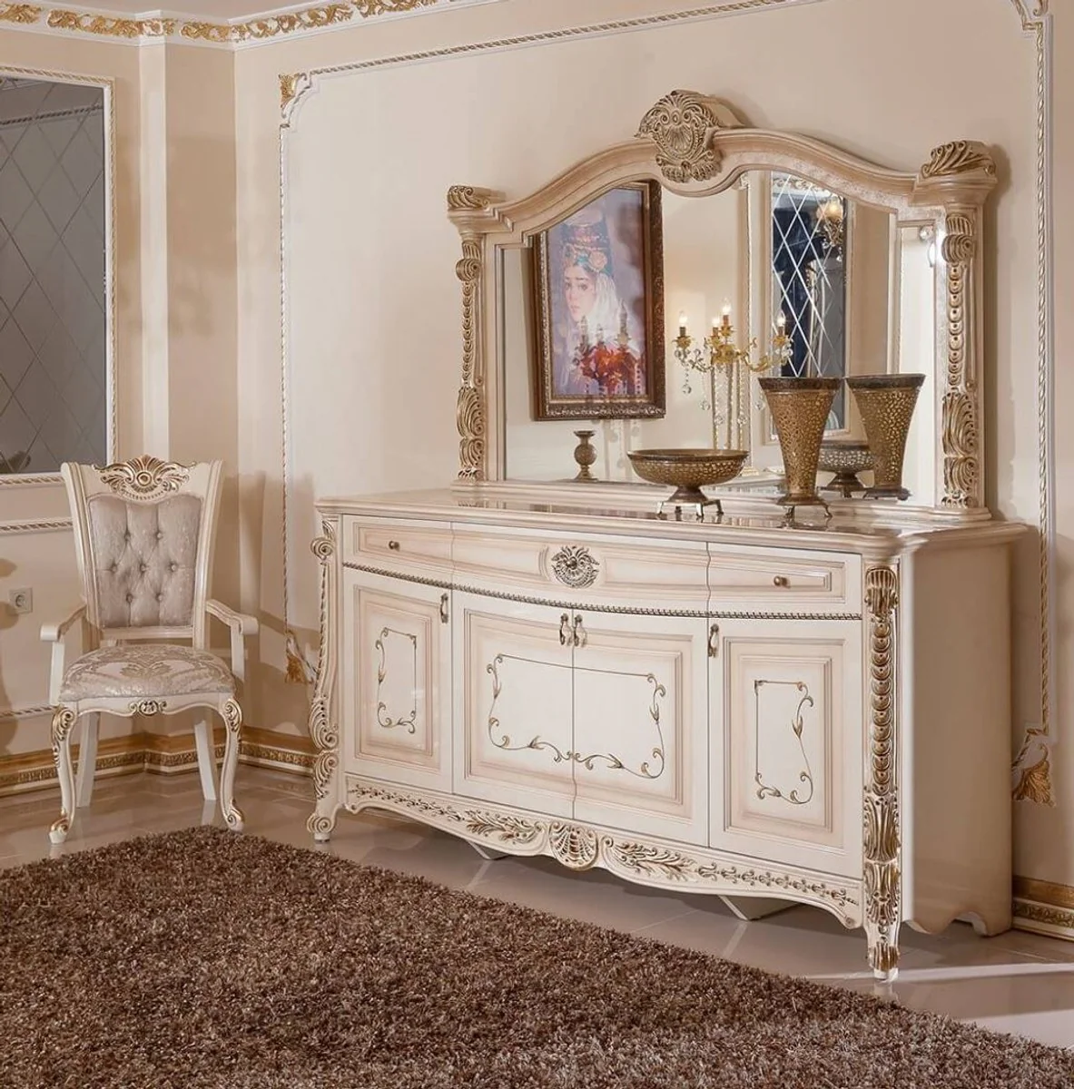 Luxury Baroque Dining Room Chair Set of 6 Gray / White / Beige / Gold - Baroque Style Kitchen Chairs with Pattern - Luxury Dining Room Furniture in Baroque Style - Baroque Dining Room Furniture