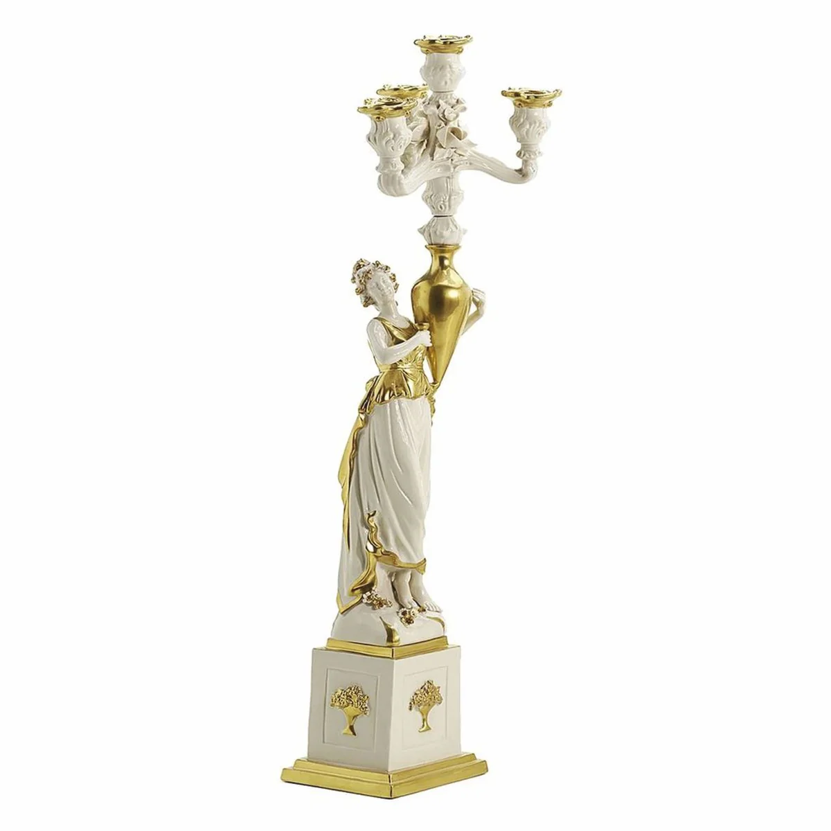 Luxury Baroque Porcelain Candle Holder Left Side White / Gold H. 68 cm - Made in Italy