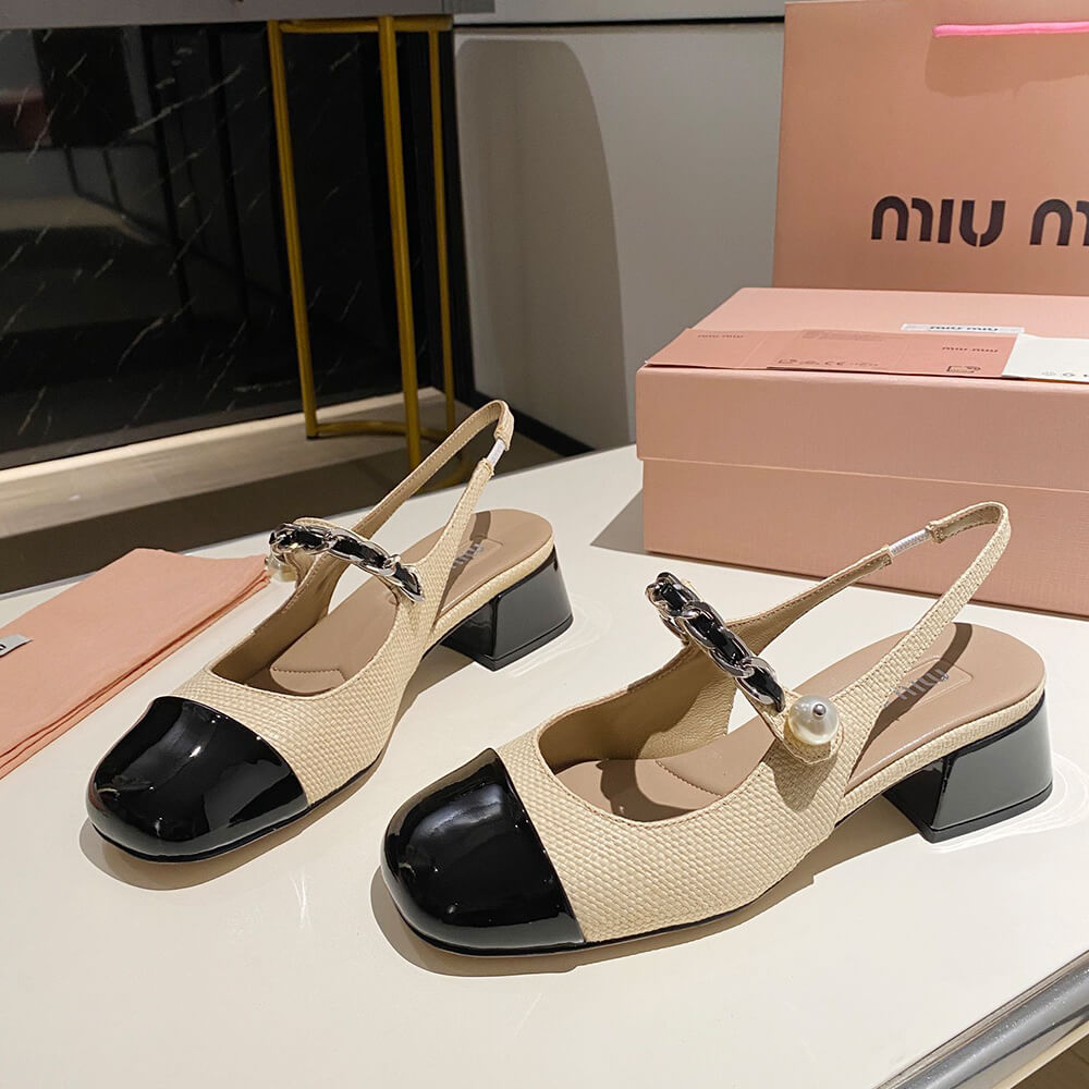MIUMIU Patent leather and raffia slingback pumps - Top Club