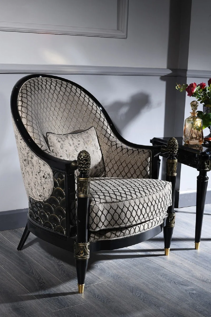 Luxury baroque living room set silver gray / black / gold - 2 sofas & 2 armchairs & 1 coffee table & 2 side tables - magnificent baroque furniture - luxury quality