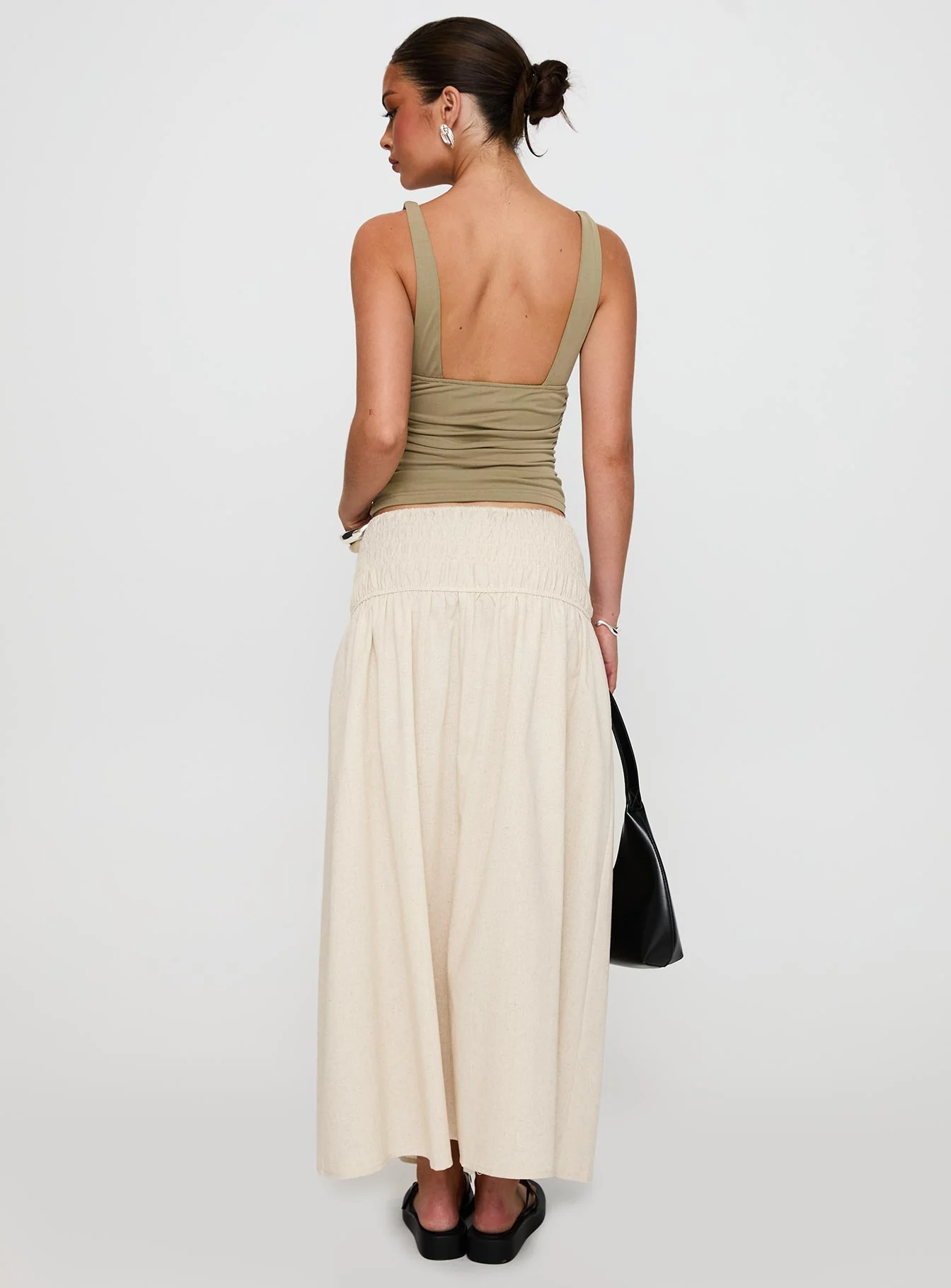 Small Towns Shirred Midi Skirt Beige