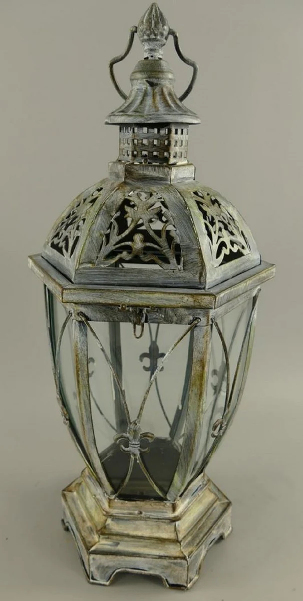 Art Nouveau lantern antique silver 25 x 25 x H. 58 cm - metal table lantern with carrying handle - Baroque & Art Nouveau decorative accessories