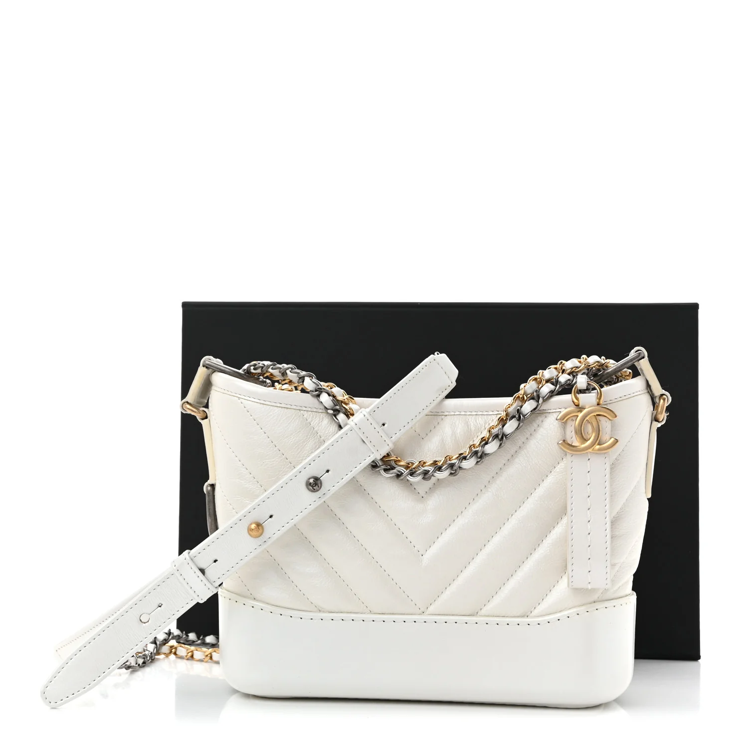 Iridescent Aged Calfskin Chevron Quilted Small Gabrielle Hobo White - Top Club
