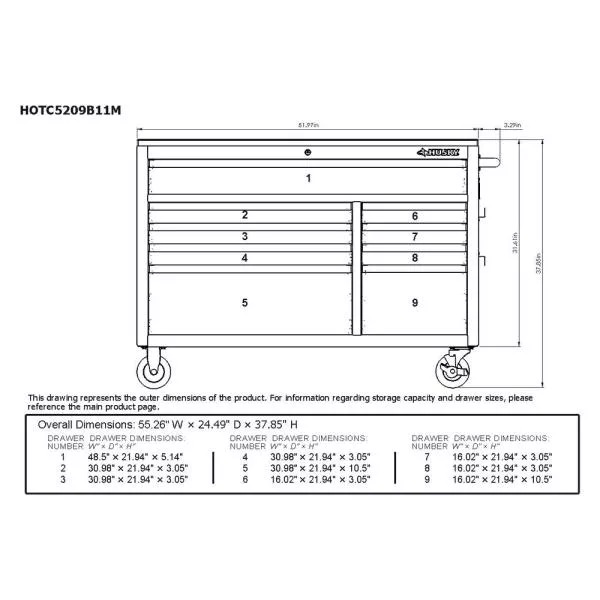 52 IN. W 9-DRAWER, DEEP TOOL CHEST MOBILE WORKBENCH IN GLOSS BLACK WITH HARDWOOD TOP