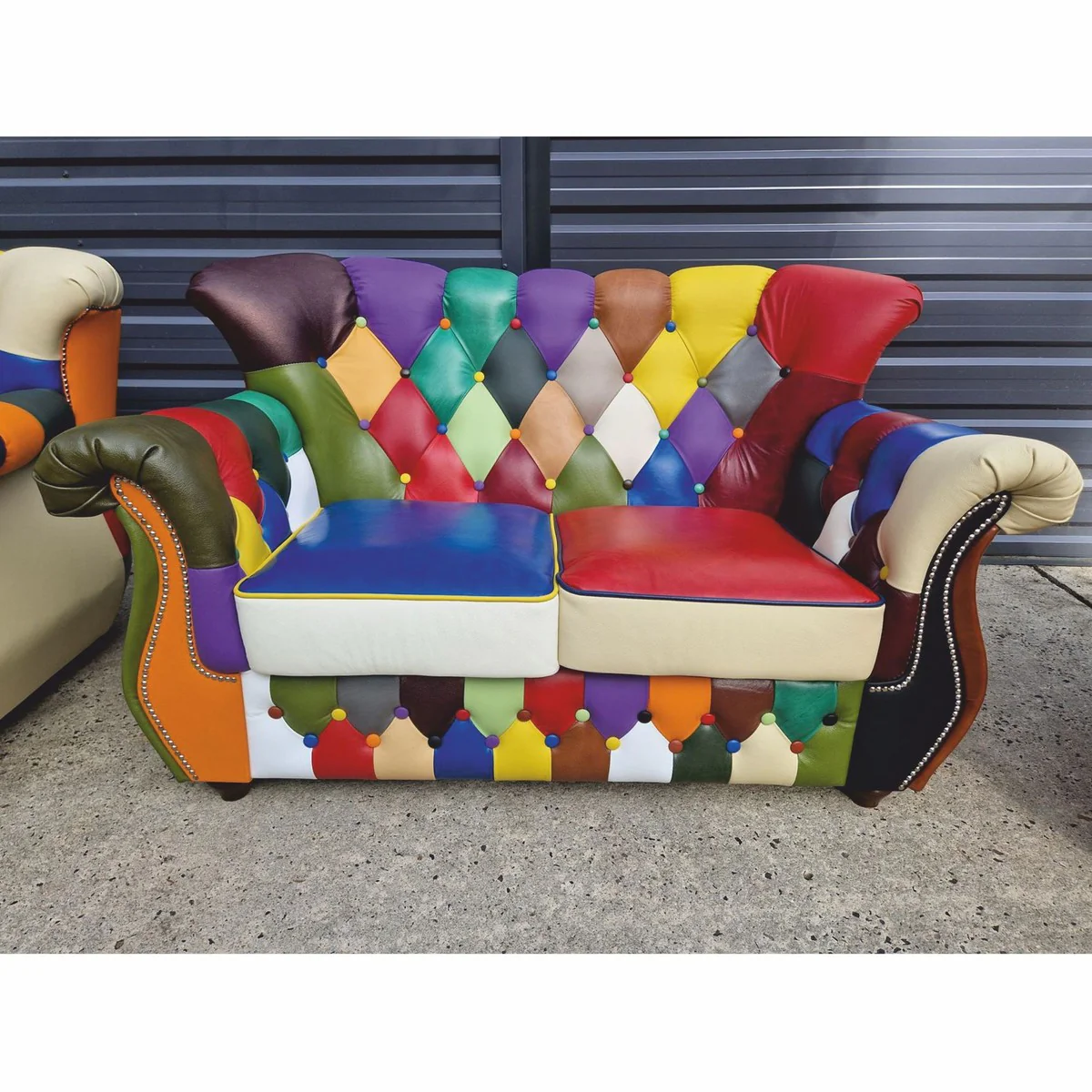 Luxury Chesterfield Leather Living Room Set Colorful / Dark Brown - Patchwork Real Leather Furniture