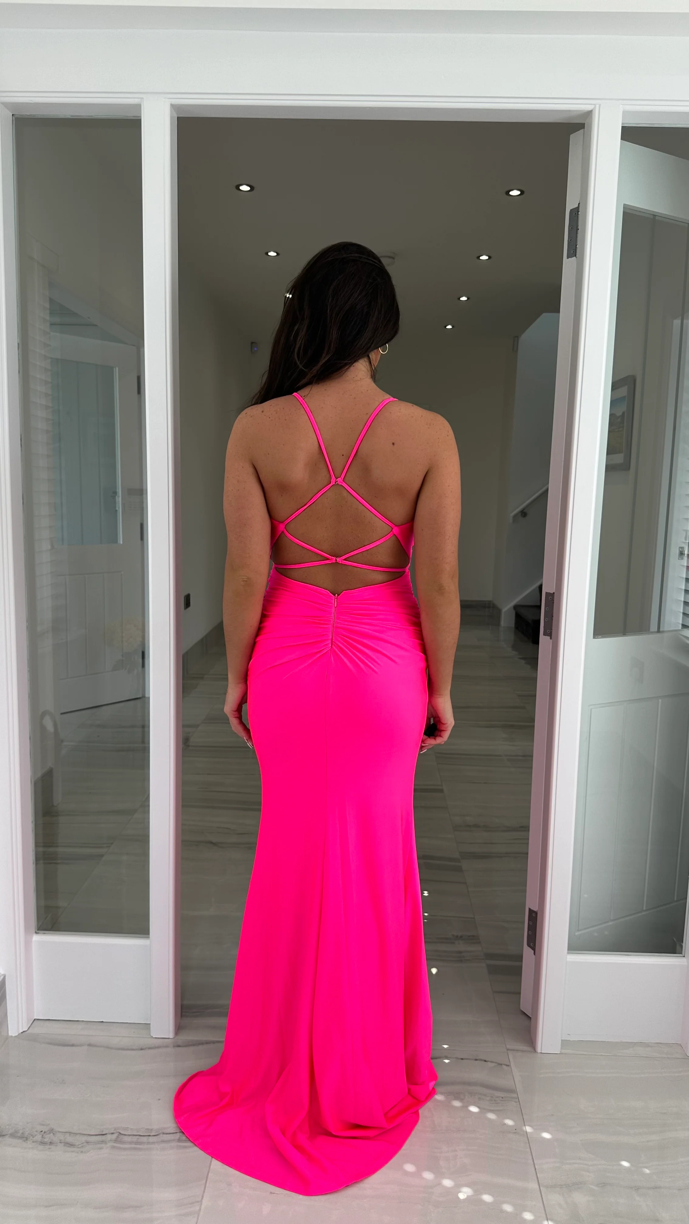 Bright Pink Ruched Strappy Open Back Evening Gown