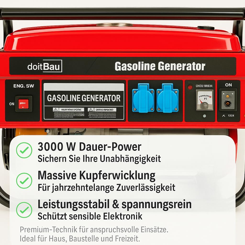 Generatore di corrente a benzina da 3000 W, motore a 4 tempi, serbatoio da 15 l, durata 10 ore, ideale per cantieri, campeggio e elettricità di emergenza