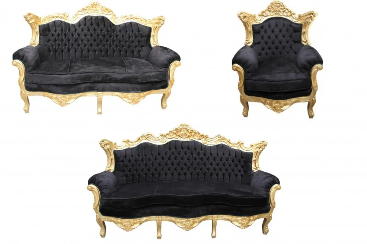 Baroque living room set black/gold - 3-seater sofa + 2-seater sofa + 1 armchair