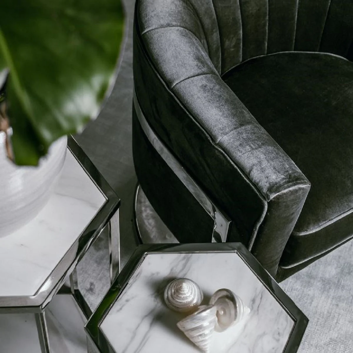Luxury side table set silver / white - stainless steel tables with marble tops - luxury collection