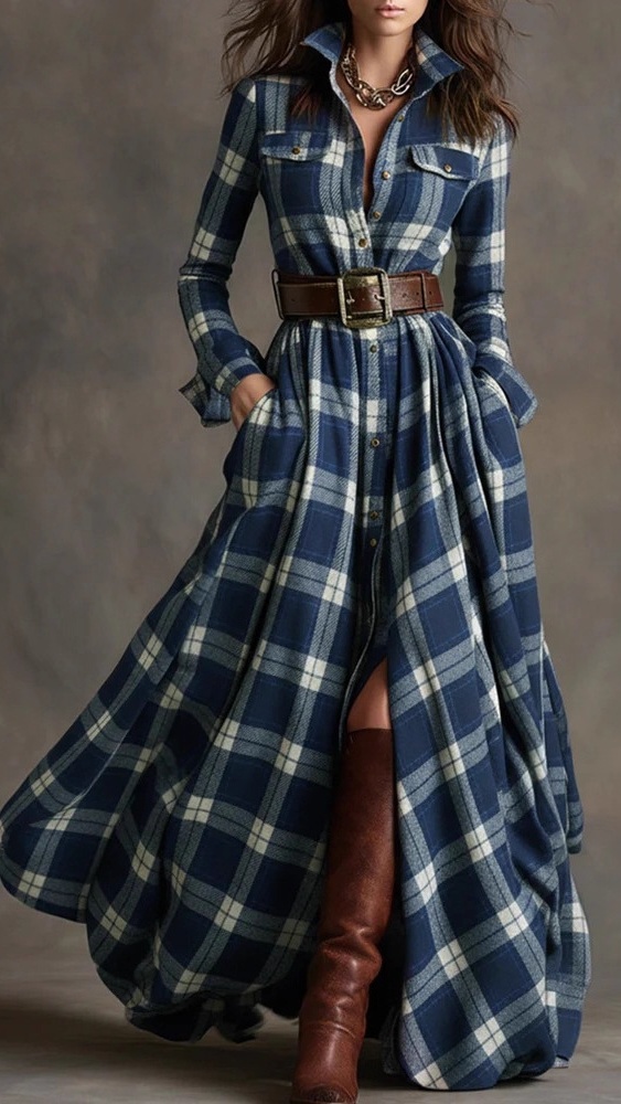 Women's Vintage Plaid Long Dress with Lapel Collar+Belt - Nordfashionstorm - Women's Clothing, Fashion for You - Nordfashionstorm.com
