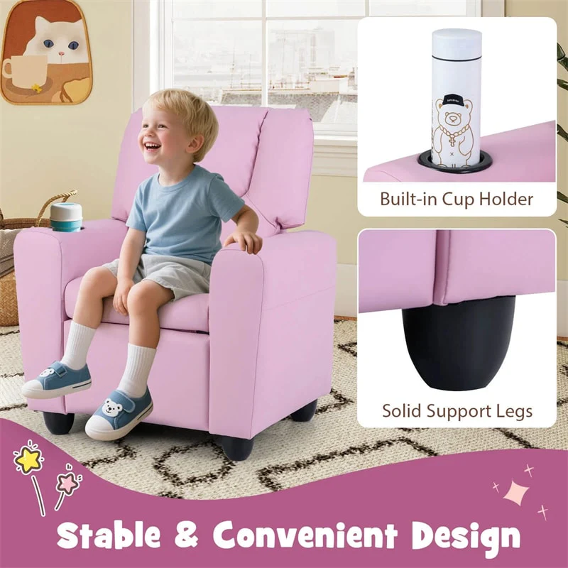 Kids Recliner Chair with Cup Holder & Side Pocket, Adjustable Toddler Lounge Sofa, Ergonomic Children Armchairs for Boys Girls Age 3+, 150lbs