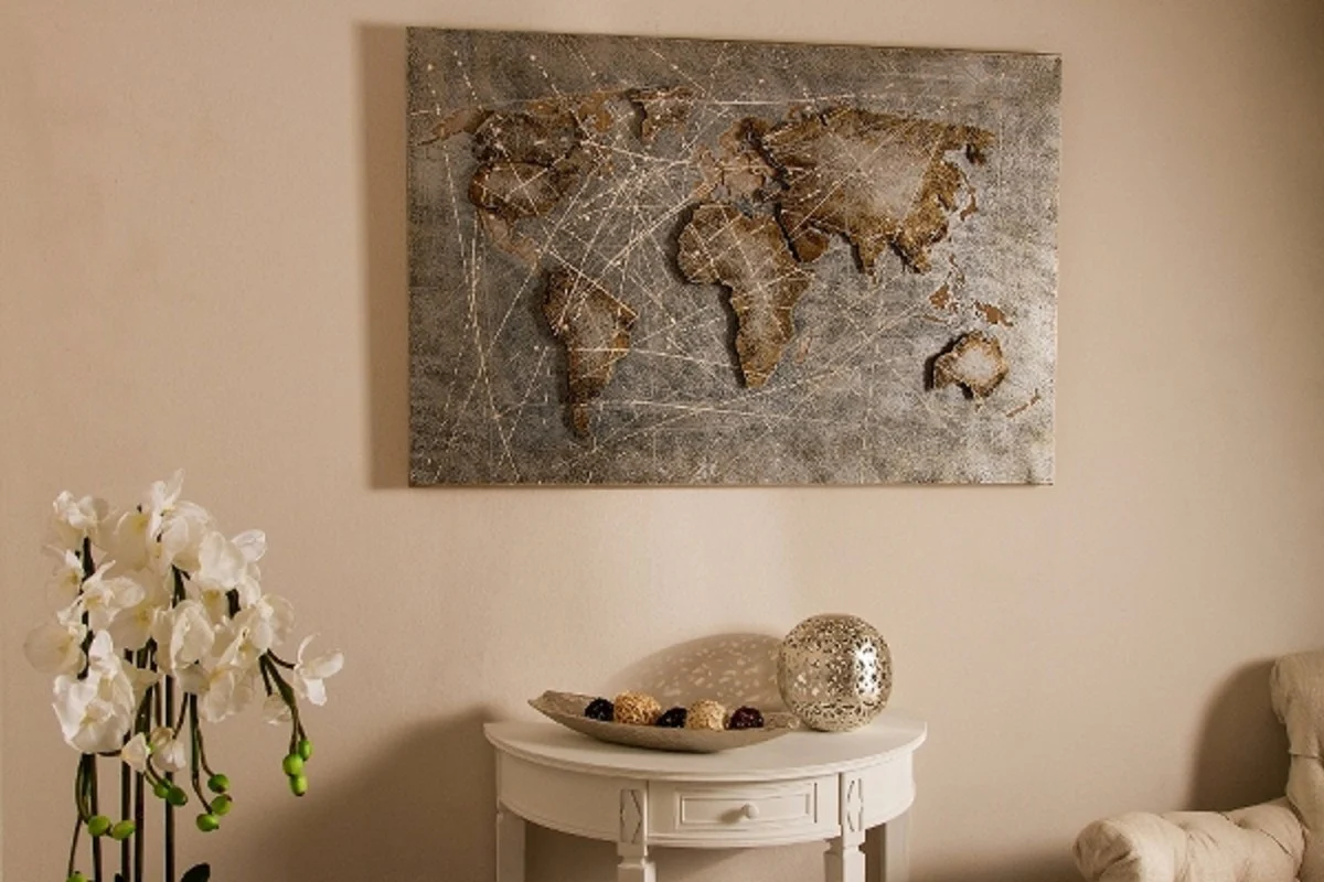 Luxury metal oil painting world map multicolored 120 x 5 x H. 80 cm - oil painting with 3D effect