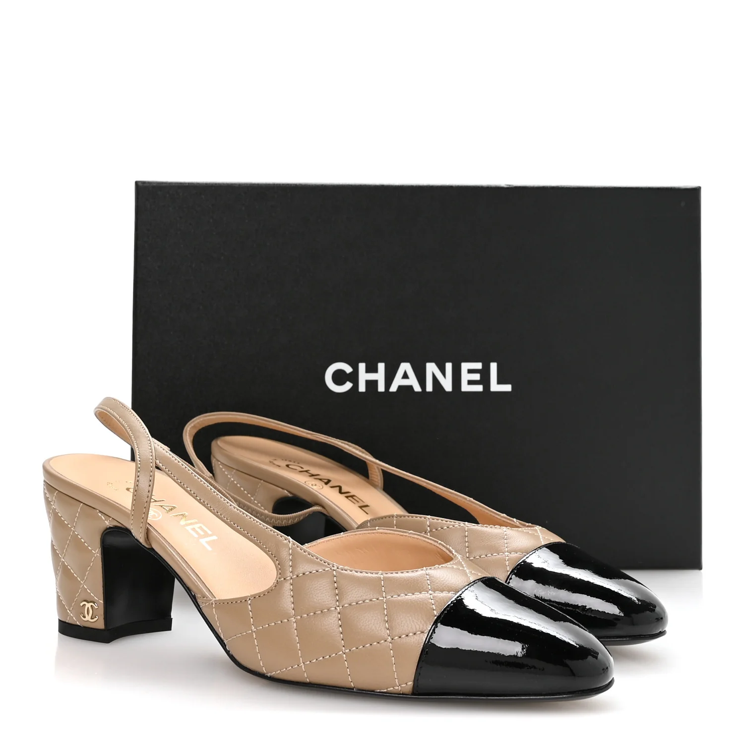 Lambskin Patent Calfskin Quilted Cap Toe CC Slingback Pumps 39.5 Beige Black - Top Club