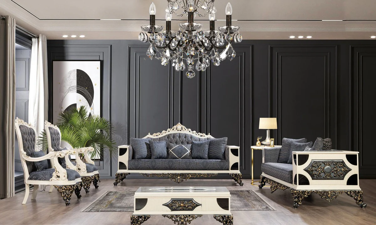 Luxury baroque sofa blue / white / black / gold - baroque style living room sofa with elegant pattern - luxury living room furniture in baroque style - baroque furniture - baroque furnishings