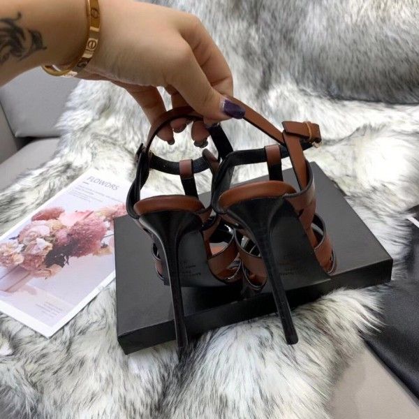 Saint Tribute High Heel Sandals Brown Calfskin - Top Club