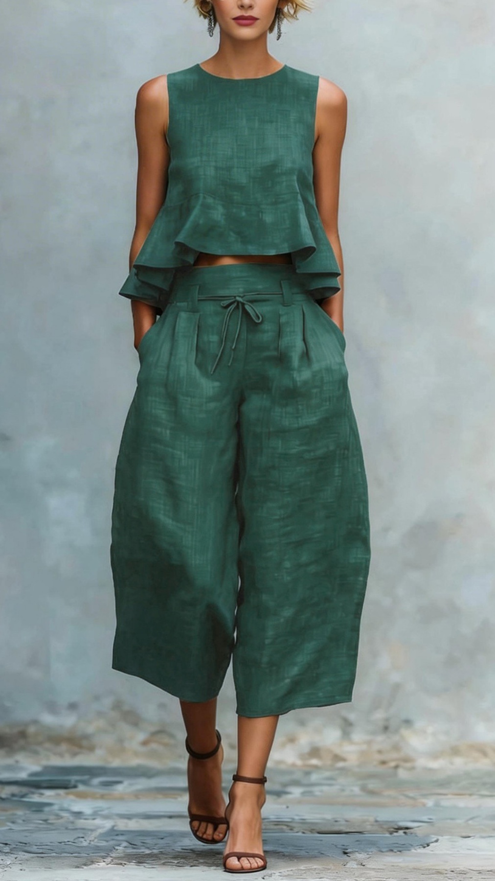 Women's two-piece linen blend set with ruffled trim. - Nordfashionstorm - Women's Clothing, Fashion for You - Nordfashionstorm.com