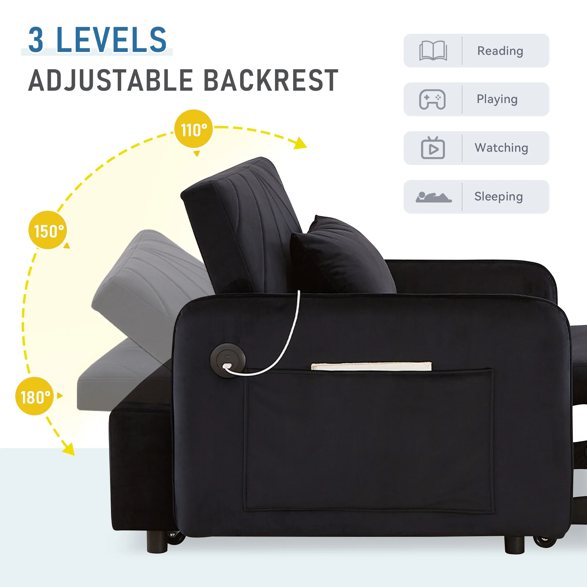Lunale 3 - in - 1 Convertible Sleeper Chair Bed, Indoor Lounge Chair with USB/Type - C Charging Ports, Modern Recliner Sofa for Living Room, Gray Velvet