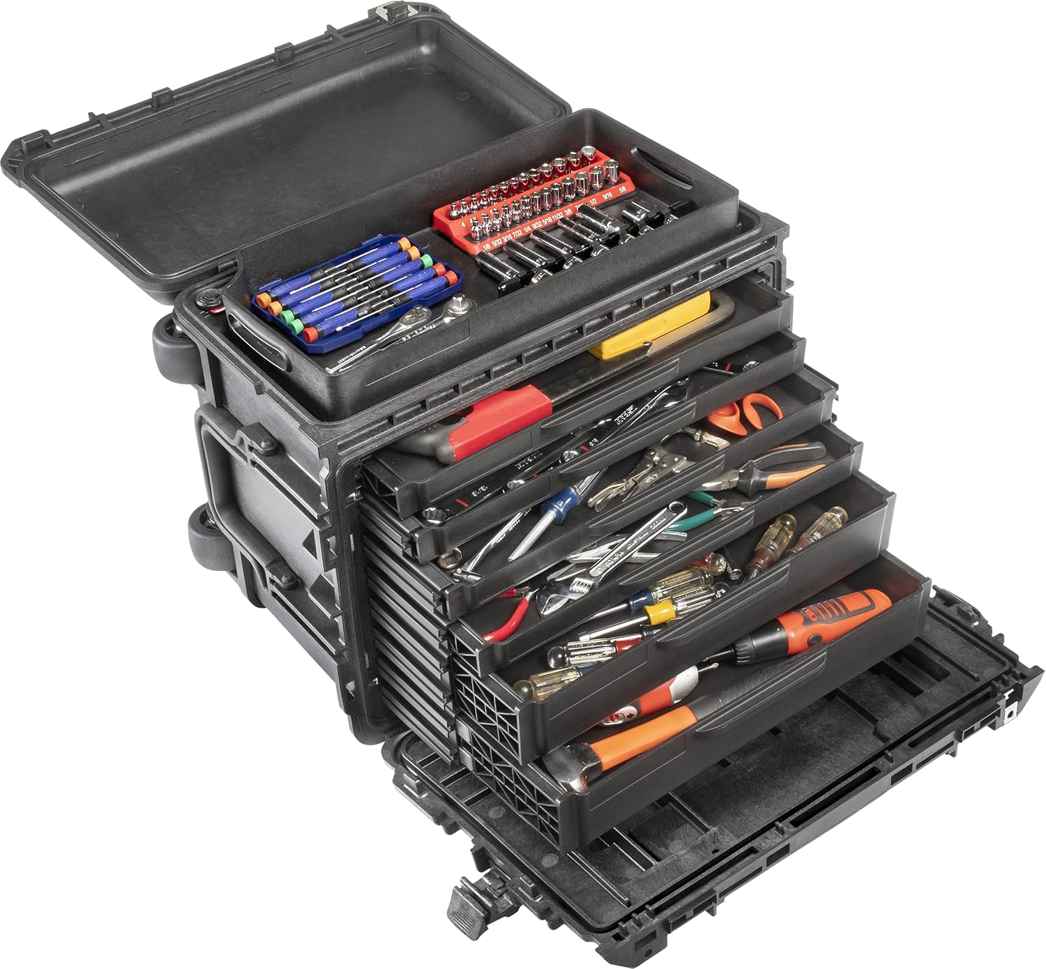 PELI 0450 Cassetta per gli attrezzi professionale per uso intensivo con vassoi removibili, 4 bassi e 2 profondi, Capacità di 47 l, Prodotta negli USA, Colore: Nero