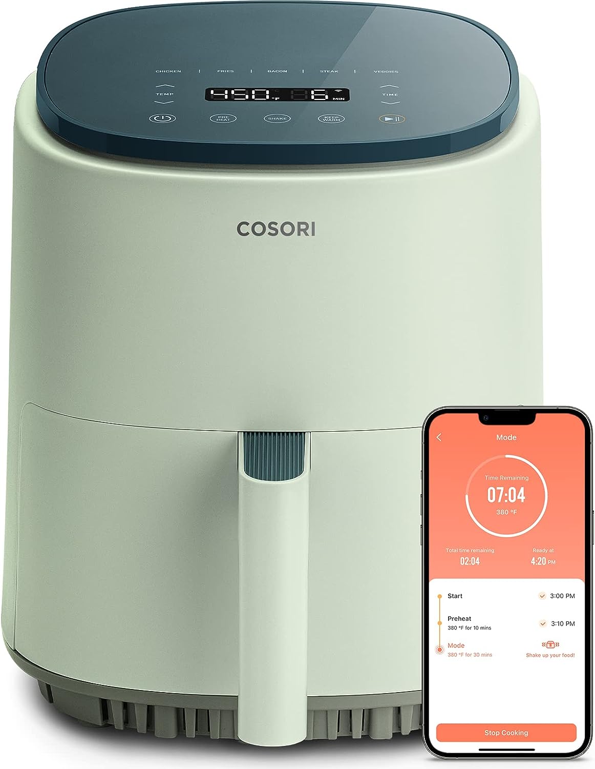 COSORI Air Fryer 4 Qt, 7 Cooking Functions Airfryer, 150+ Recipes on Free App, 97% Less Fat Freidora de Aire, Dishwasher Safe, for 1-3 People, Lite 4.0-Quart Smart Air Fryer, Sage Green