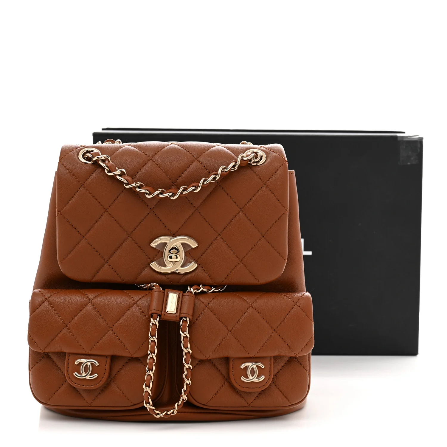 Calfskin Quilted Medium Duma Pockets Drawstring Backpack Light Brown - Top Club
